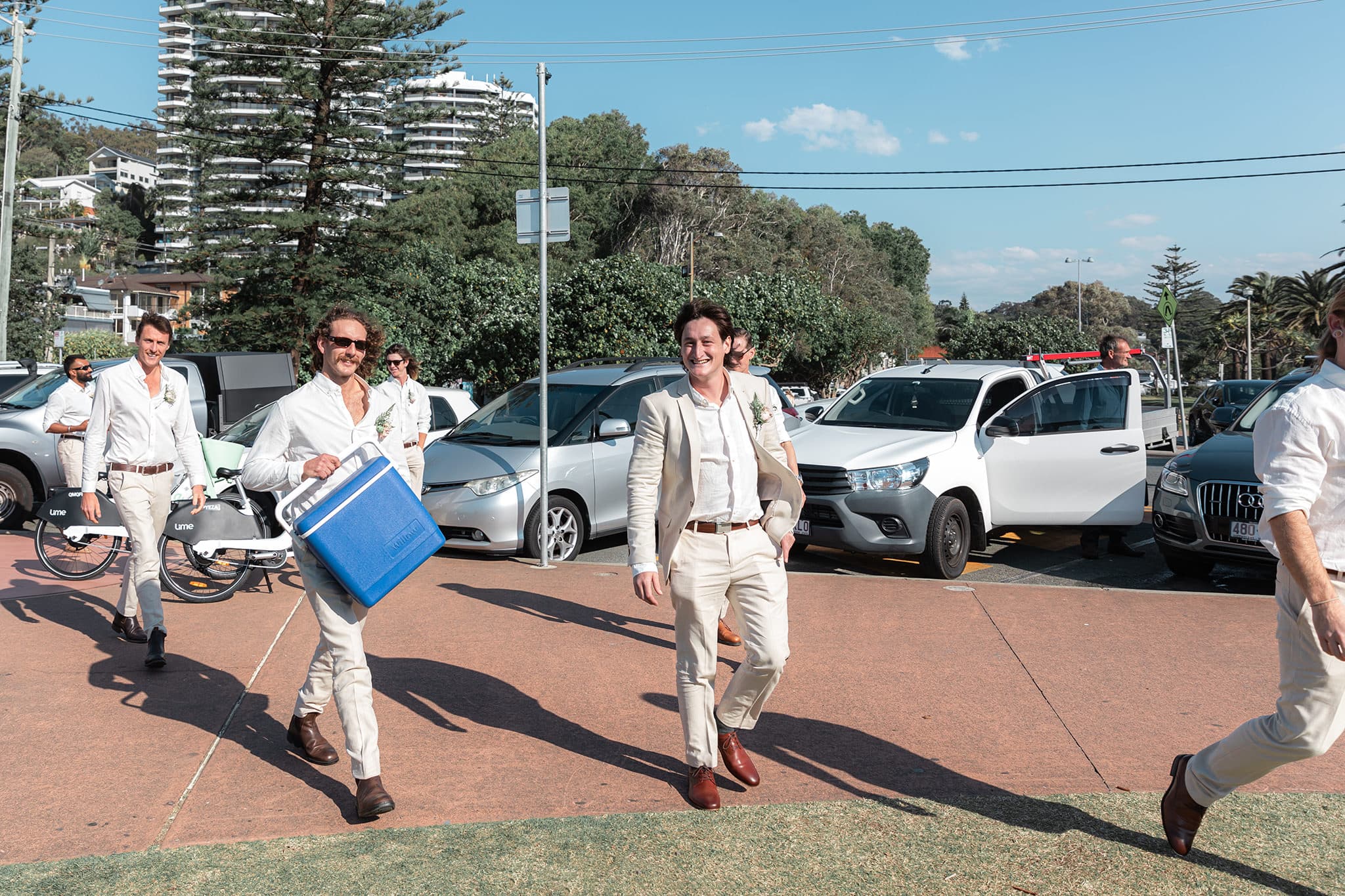 Groom and groomsmen arriving to the wedding in Burleigh Heads, Gold Coast.