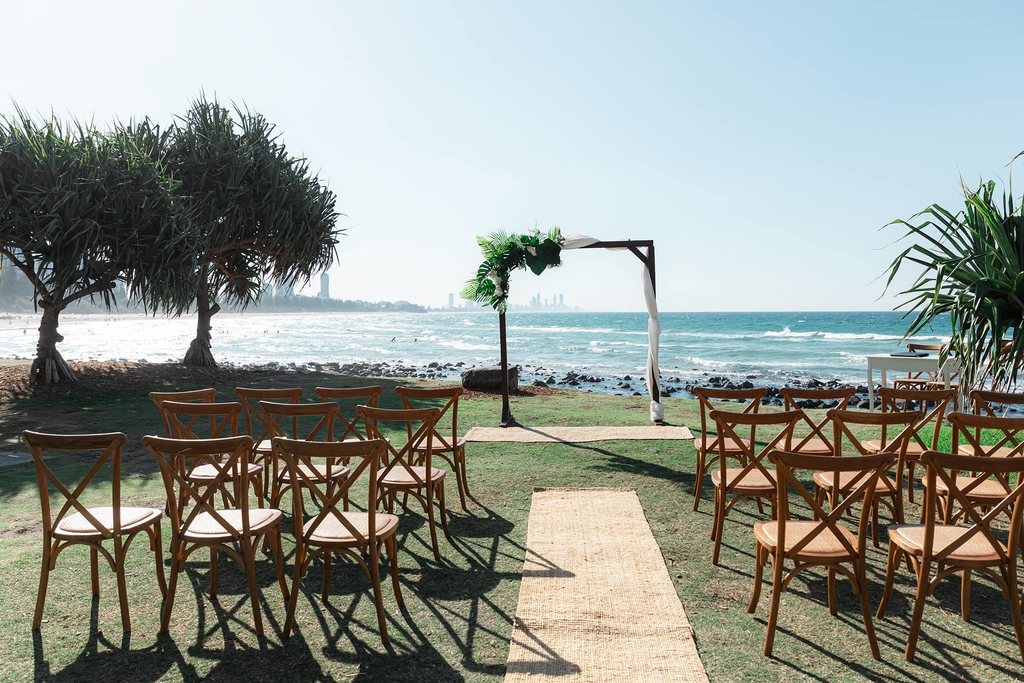 Burleigh heads ceremony set up on the Gold Coat by Satin Weddings and Events.