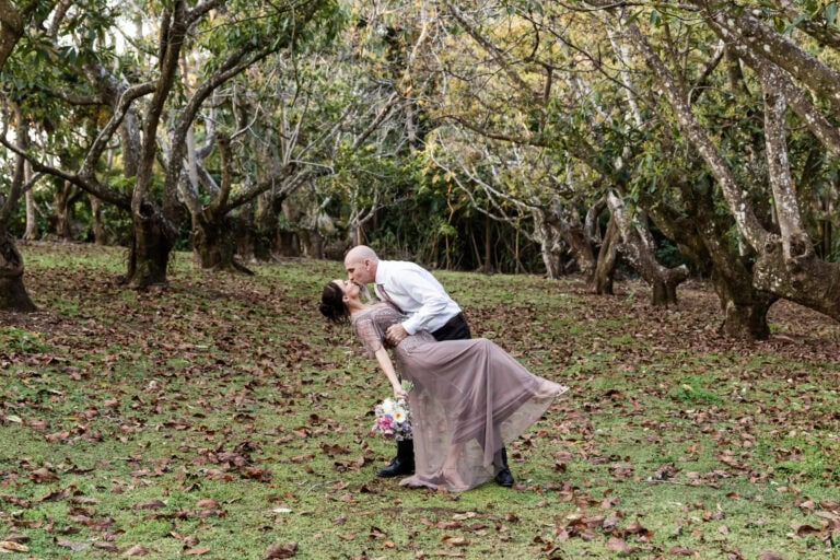 Wedding couple in the avocado orchard on Tamborine Mountain at Pethers Rainforest Retreat.